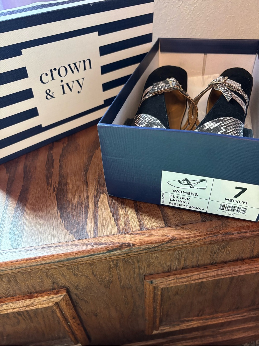 crown & ivy Black Flats with Metallic Snakeskin Accent